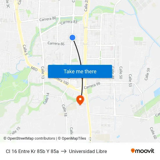 Cl 16 Entre Kr 85b Y 85a to Universidad Libre map