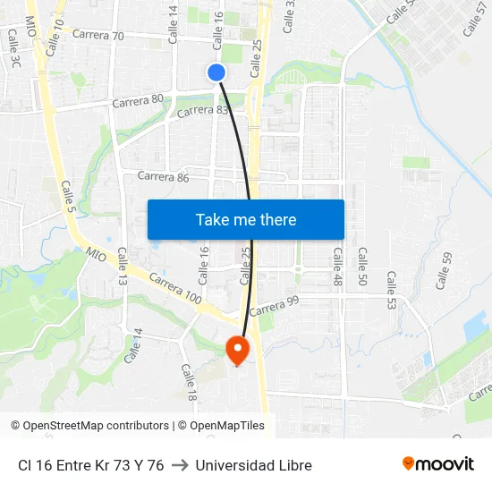 Cl 16 Entre Kr 73 Y 76 to Universidad Libre map