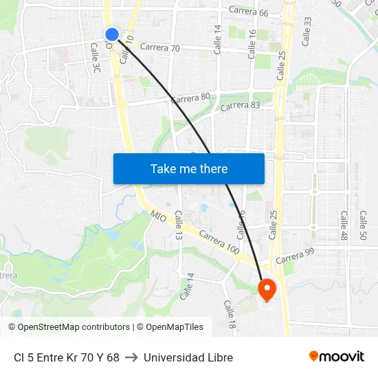Cl 5 Entre Kr 70 Y 68 to Universidad Libre map