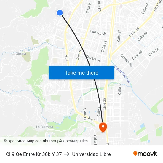 Cl 9 Oe Entre Kr 38b Y 37 to Universidad Libre map
