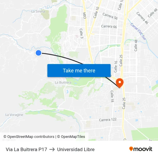 Via La Buitrera P17 to Universidad Libre map