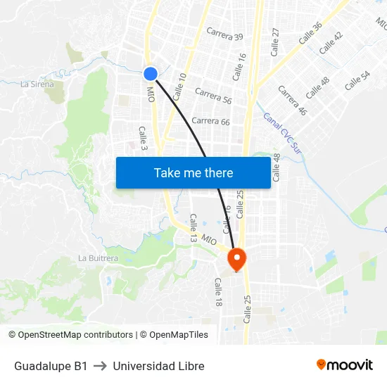 Guadalupe B1 to Universidad Libre map