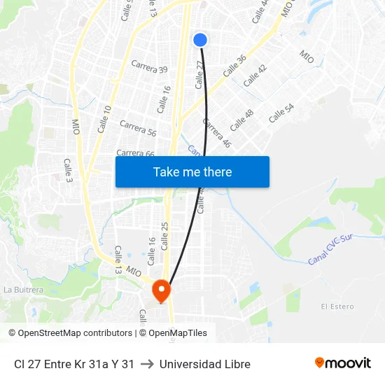 Cl 27 Entre Kr 31a Y 31 to Universidad Libre map
