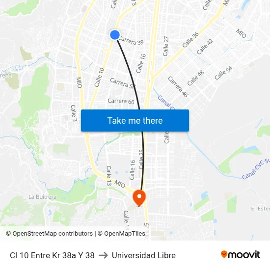 Cl 10 Entre Kr 38a Y 38 to Universidad Libre map
