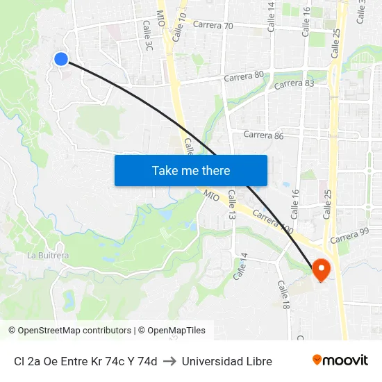 Cl 2a Oe Entre Kr 74c Y 74d to Universidad Libre map