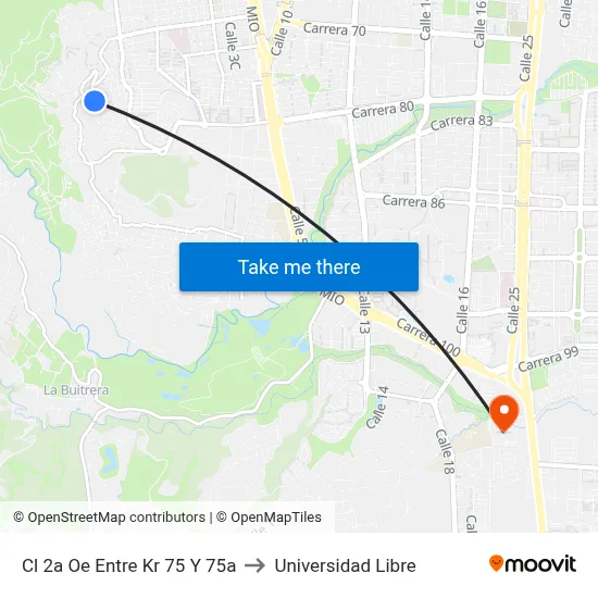 Cl 2a Oe Entre Kr 75 Y 75a to Universidad Libre map