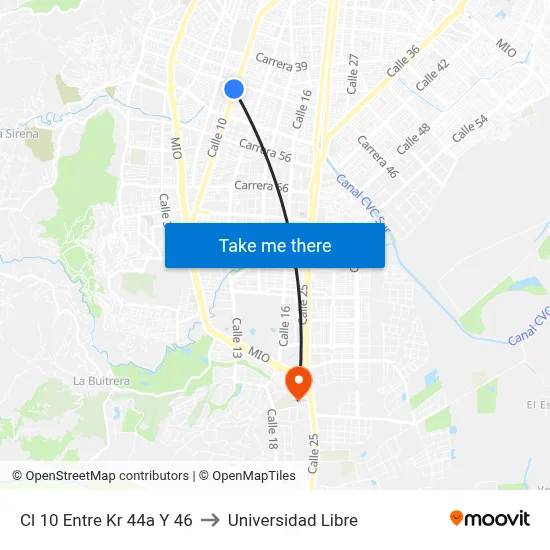 Cl 10 Entre Kr 44a Y 46 to Universidad Libre map