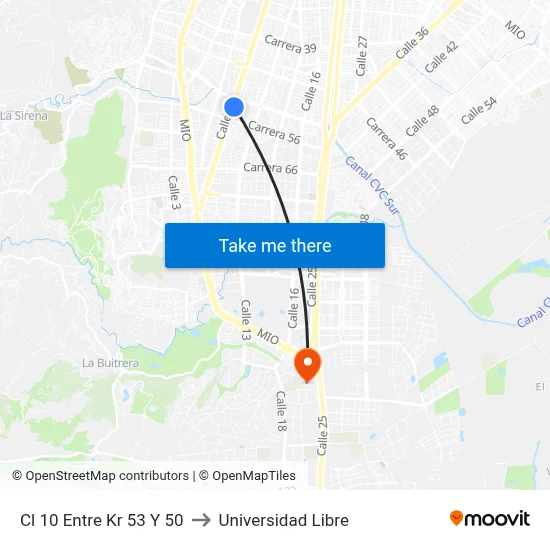 Cl 10 Entre Kr 53 Y 50 to Universidad Libre map