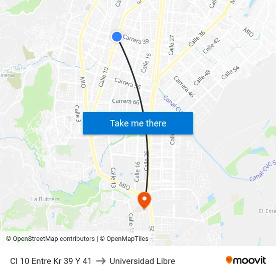Cl 10 Entre Kr 39 Y 41 to Universidad Libre map