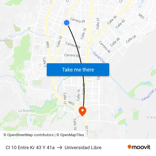 Cl 10 Entre Kr 43 Y 41a to Universidad Libre map