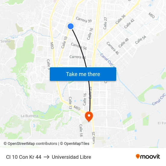 Cl 10 Con Kr 44 to Universidad Libre map