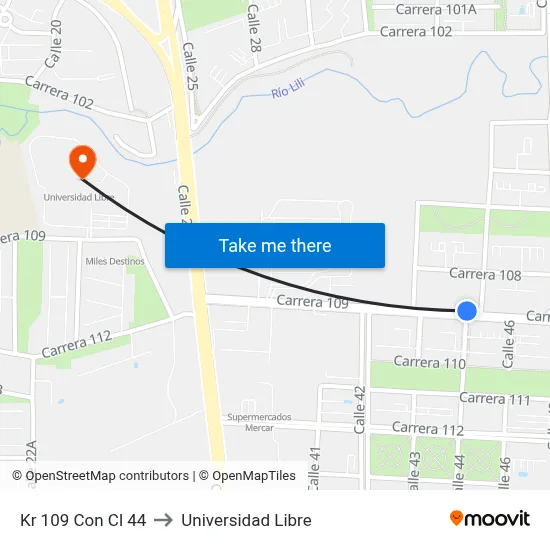 Kr 109 Con Cl 44 to Universidad Libre map