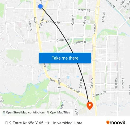 Cl 9 Entre Kr 65a Y 65 to Universidad Libre map