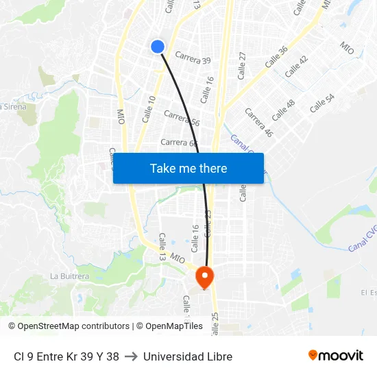 Cl 9 Entre Kr 39 Y 38 to Universidad Libre map
