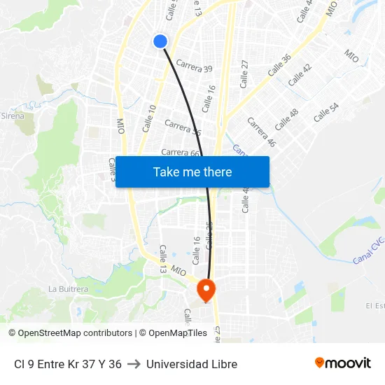 Cl 9 Entre Kr 37 Y 36 to Universidad Libre map