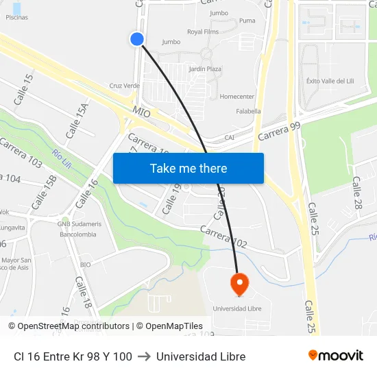 Cl 16 Entre Kr 98 Y 100 to Universidad Libre map