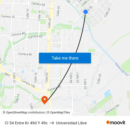 Cl 54 Entre Kr 49d Y 49c to Universidad Libre map