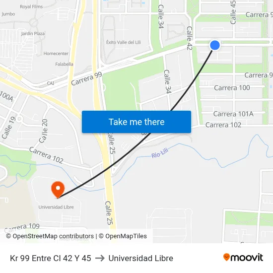 Kr 99 Entre Cl 42 Y 45 to Universidad Libre map