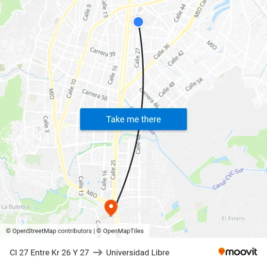 Cl 27 Entre Kr 26 Y 27 to Universidad Libre map