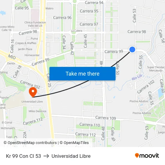 Kr 99 Con Cl 53 to Universidad Libre map