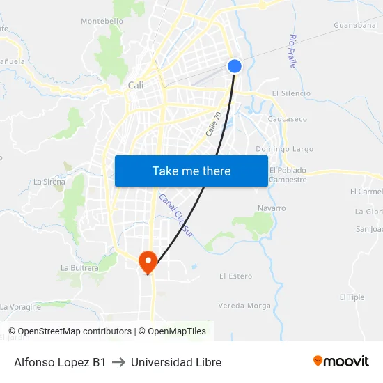 Alfonso Lopez B1 to Universidad Libre map