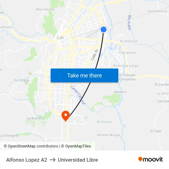 Alfonso Lopez A2 to Universidad Libre map