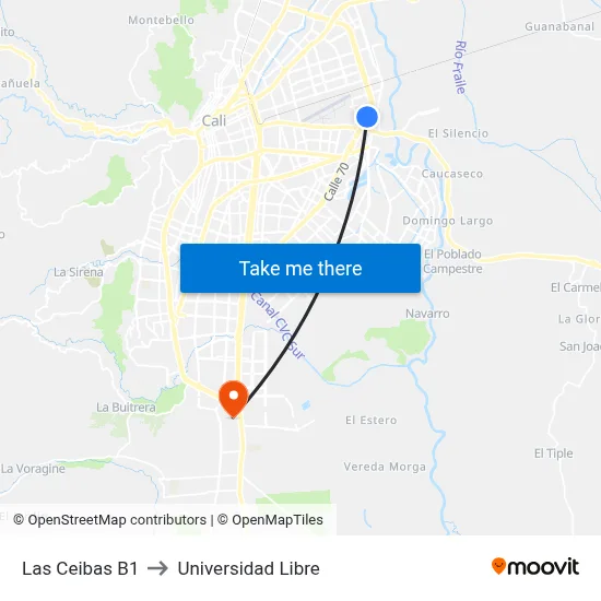 Las Ceibas B1 to Universidad Libre map