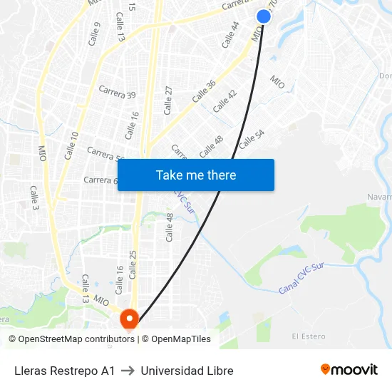 Lleras Restrepo A1 to Universidad Libre map