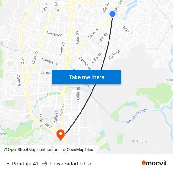 El Pondaje A1 to Universidad Libre map