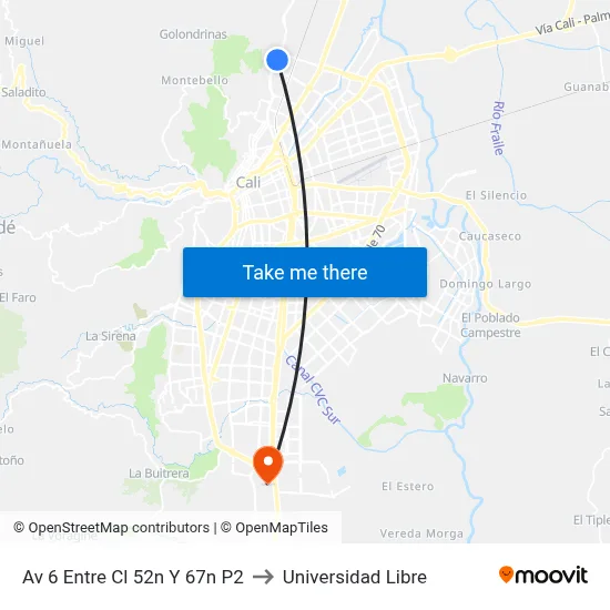 Av 6 Entre Cl 52n Y 67n P2 to Universidad Libre map