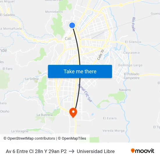 Av 6 Entre Cl 28n Y 29an P2 to Universidad Libre map