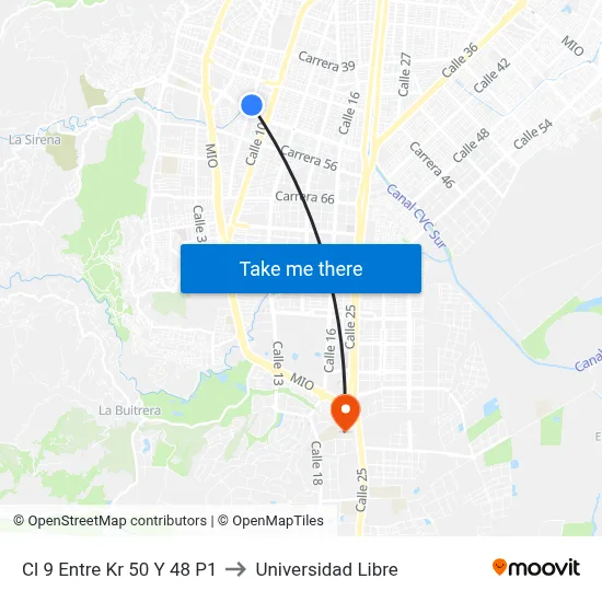 Cl 9 Entre Kr 50 Y 48 P1 to Universidad Libre map