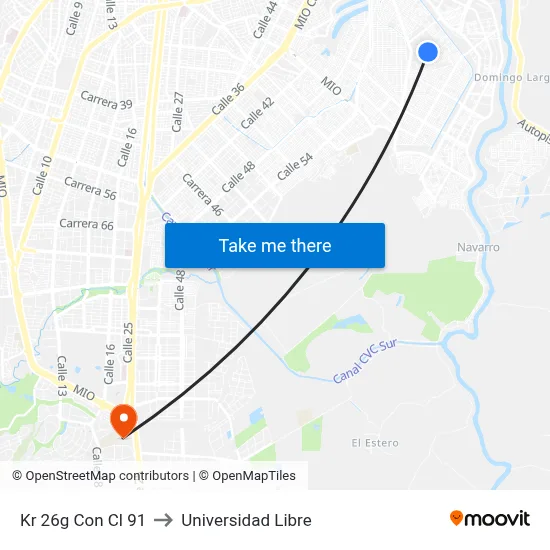 Kr 26g Con Cl 91 to Universidad Libre map