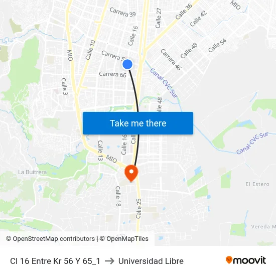 Cl 16 Entre Kr 56 Y 65_1 to Universidad Libre map