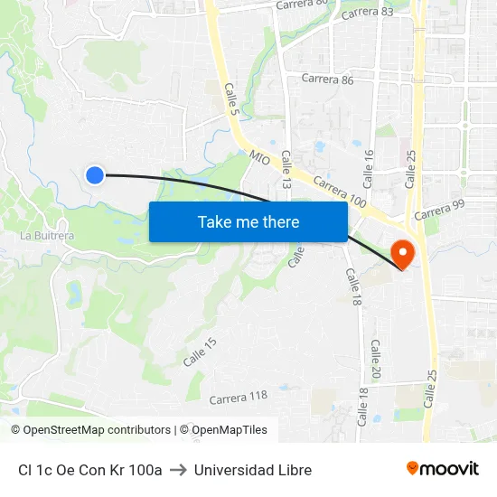 Cl 1c Oe Con Kr 100a to Universidad Libre map
