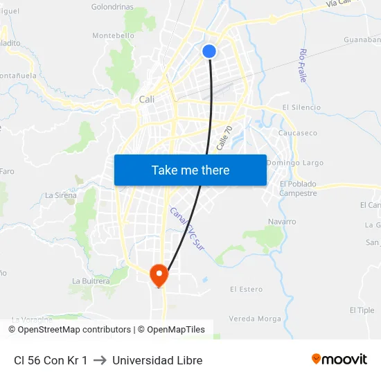 Cl 56 Con Kr 1 to Universidad Libre map