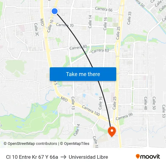 Cl 10 Entre Kr 67 Y 66a to Universidad Libre map