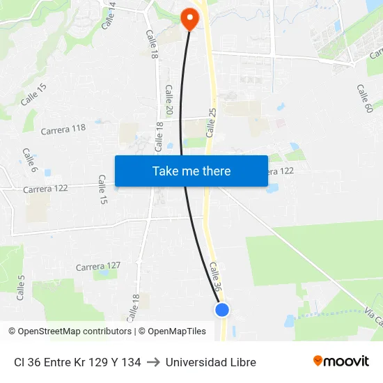 Cl 36 Entre Kr 129 Y 134 to Universidad Libre map