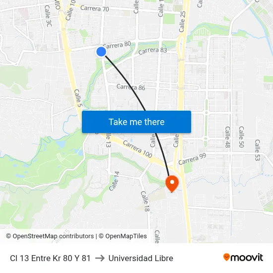 Cl 13 Entre Kr 80 Y 81 to Universidad Libre map