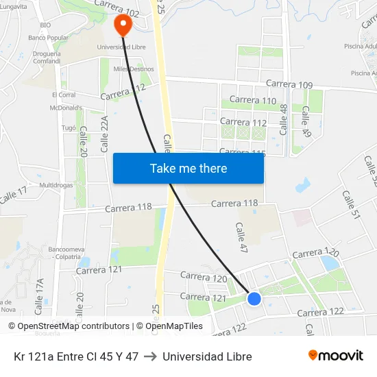 Kr 121a Entre Cl 45 Y 47 to Universidad Libre map