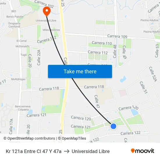Kr 121a Entre Cl 47 Y 47a to Universidad Libre map