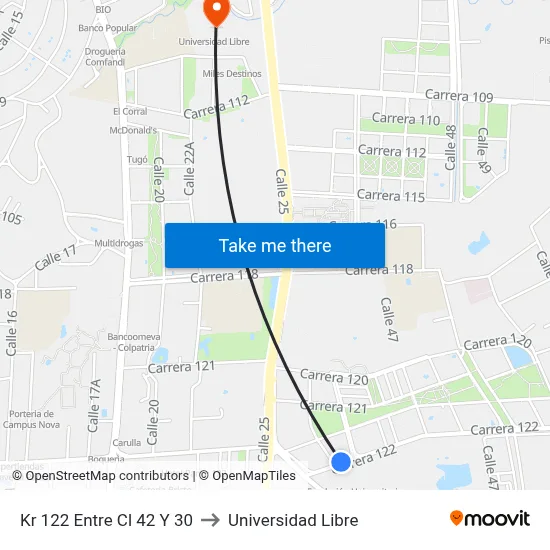 Kr 122 Entre Cl 42 Y 30 to Universidad Libre map