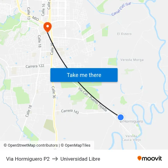Via Hormiguero P2 to Universidad Libre map