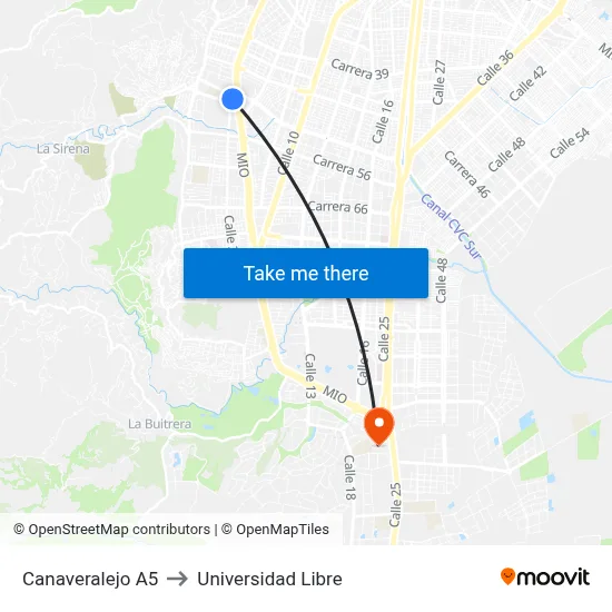 Canaveralejo A5 to Universidad Libre map