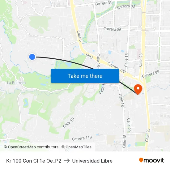 Kr 100 Con Cl 1e Oe_P2 to Universidad Libre map