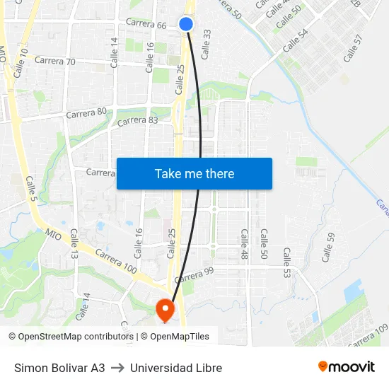 Simon Bolivar A3 to Universidad Libre map