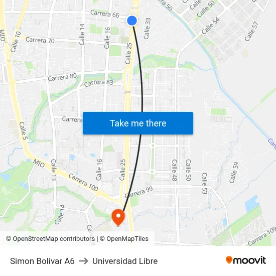 Simon Bolivar A6 to Universidad Libre map