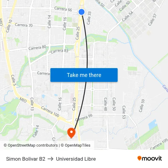 Simon Bolivar B2 to Universidad Libre map