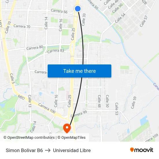 Simon Bolivar B6 to Universidad Libre map