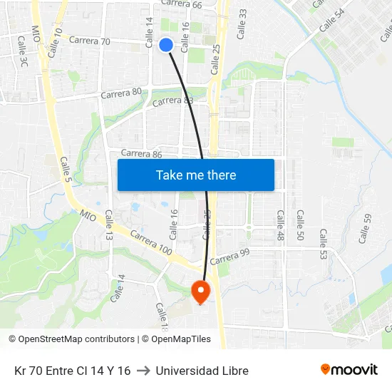 Kr 70 Entre Cl 14 Y 16 to Universidad Libre map
